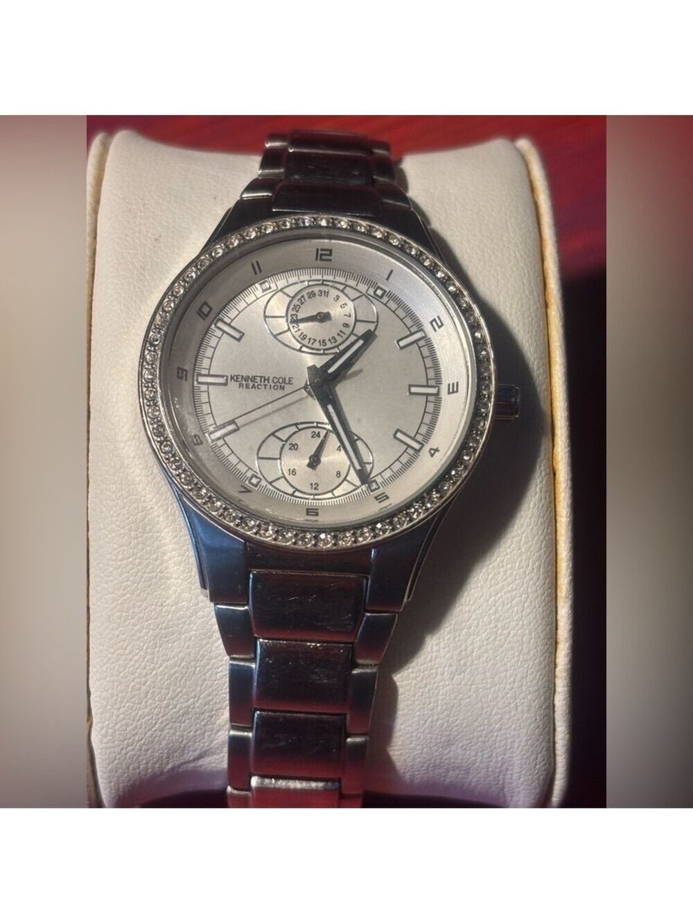 KENNETH COLE Reaction MOP Watch Crystal Lined Face Stainless Steel Unisex 8.5in